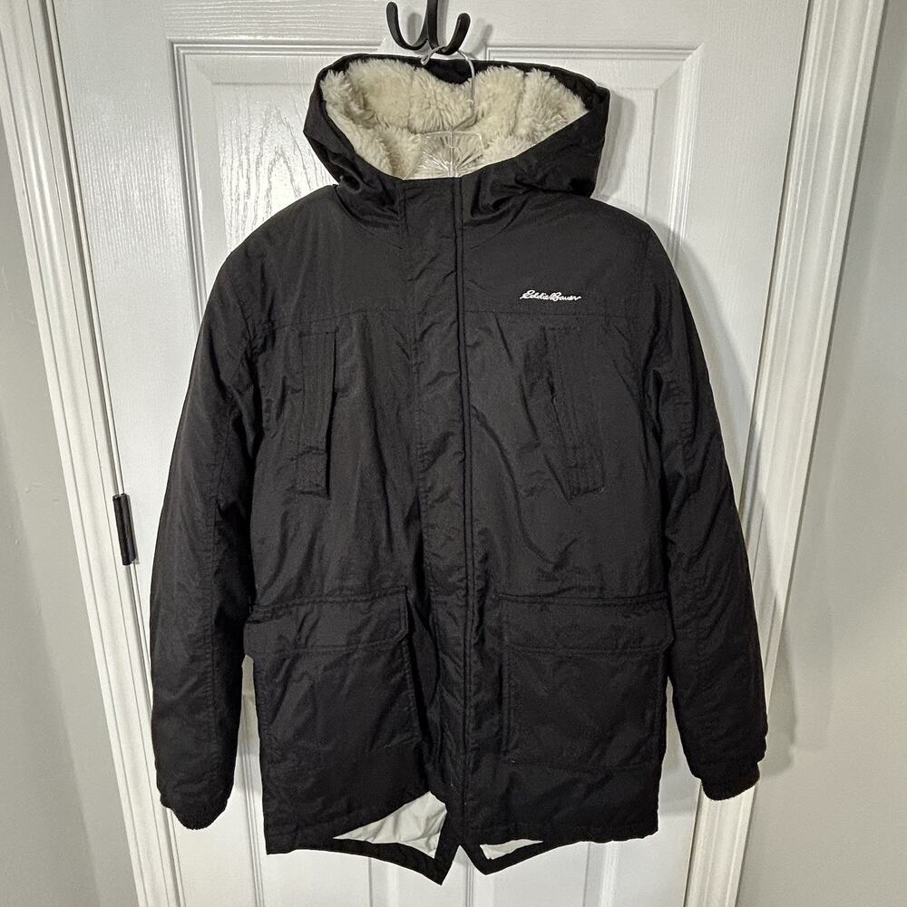 Eddie Bauer Down Sherpa Lined Parka Winter Coat Kids Large 14 16 Black